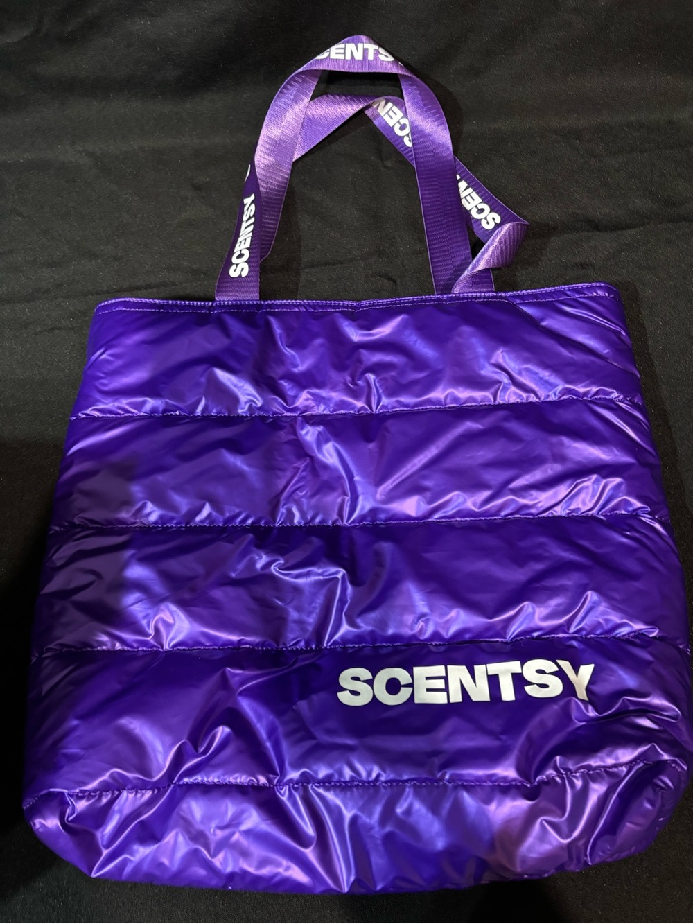 Scentsy Shiny Purple Quilted Tote with Logo Webbing Handles